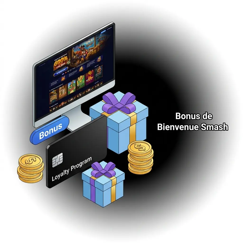 Tableau des bonus de bienvenue Smash : 600% jusqu'à 10 000€ pour les slots, 250% jusqu'à 5 000€ pour les paris sportifs