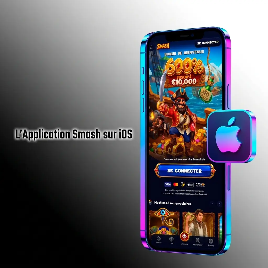 Application mobile Smash sur iOS pour iPhone et iPad, interface optimisée pour paris sportifs et casino en direct