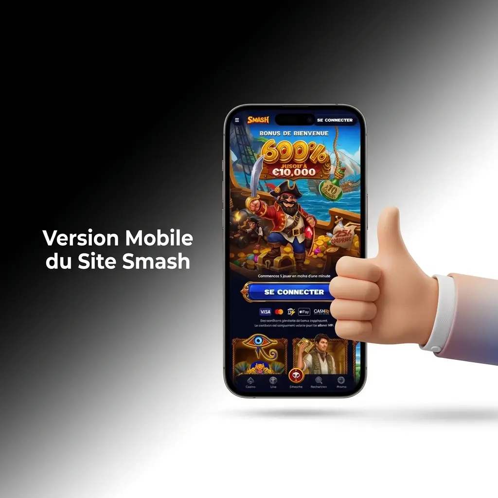 Version mobile du site Smash accessible sur smartphones et tablettes, offrant jeux, paris et paiements sans téléchargement