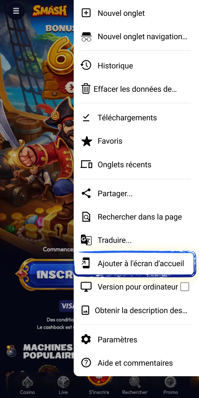 Appuyez sur l'icône à trois points en haut à droite de Chrome pour ajouter la PWA Smash.