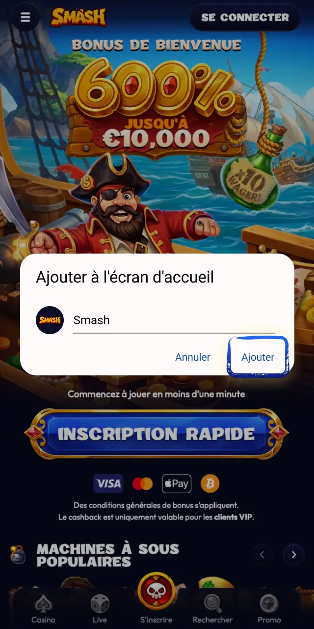 Choisissez Ajouter à l'écran d'accueil dans les options du menu pour installer la PWA Smash.