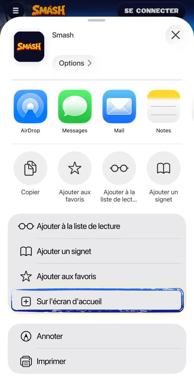 Faites défiler le menu de partage et appuyez sur Sur l'écran d'accueil pour ajouter Smash.