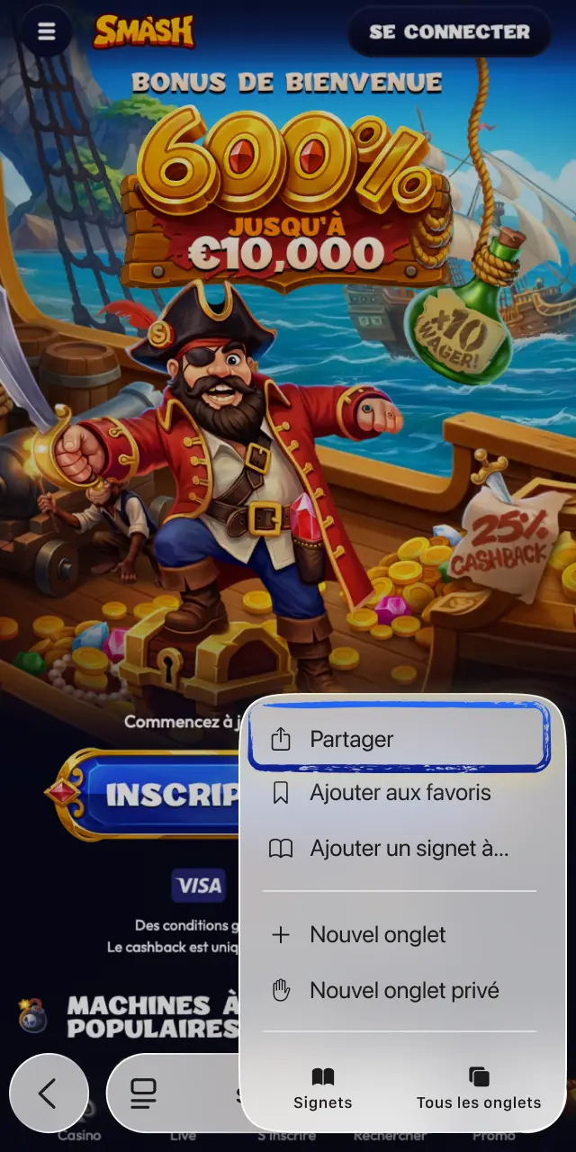 Appuyez sur le bouton Partager dans Safari ou Chrome pour ajouter la PWA Smash.