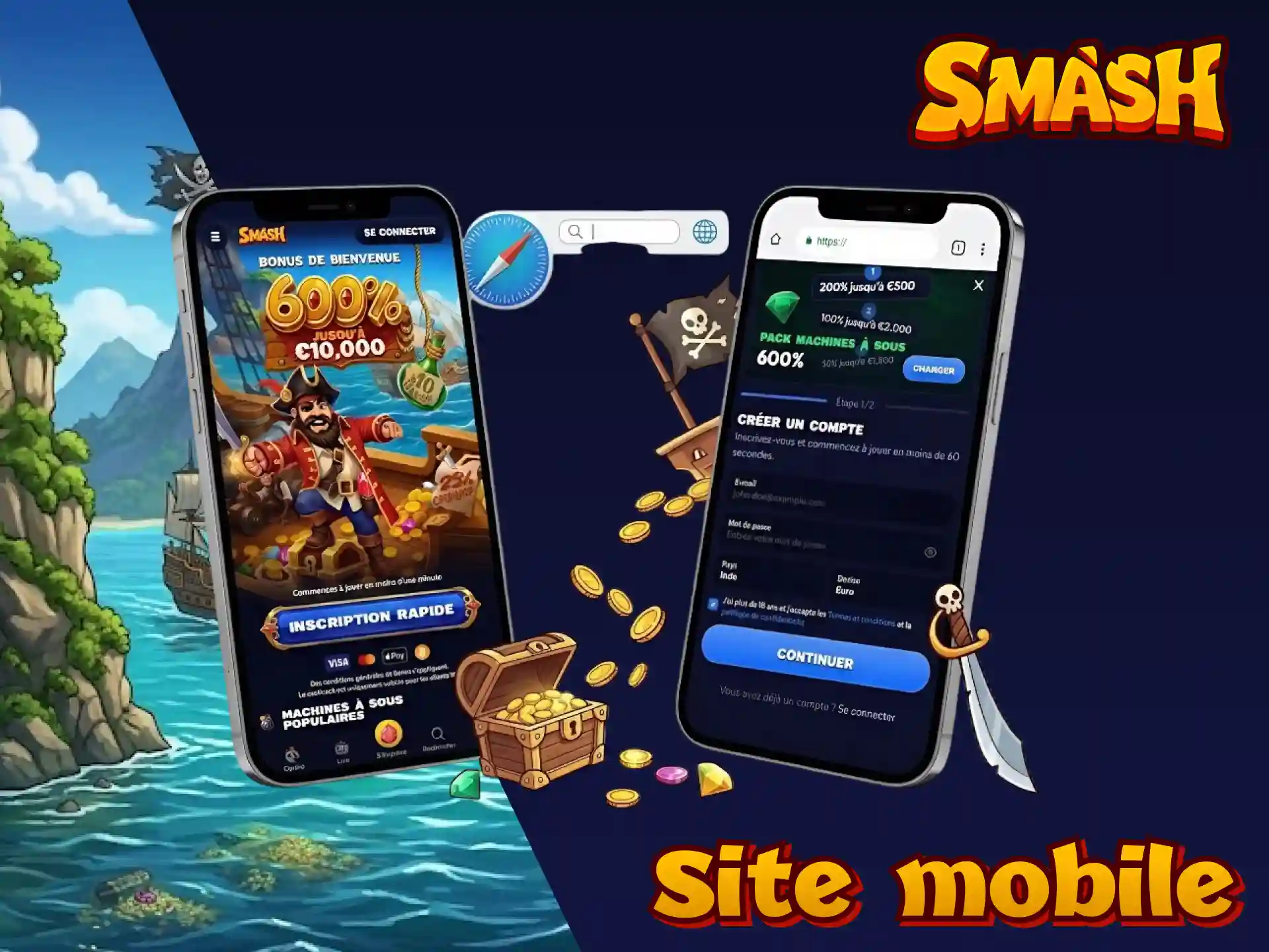 Site mobile Smash pour parier et jouer au casino sans télécharger d'application.