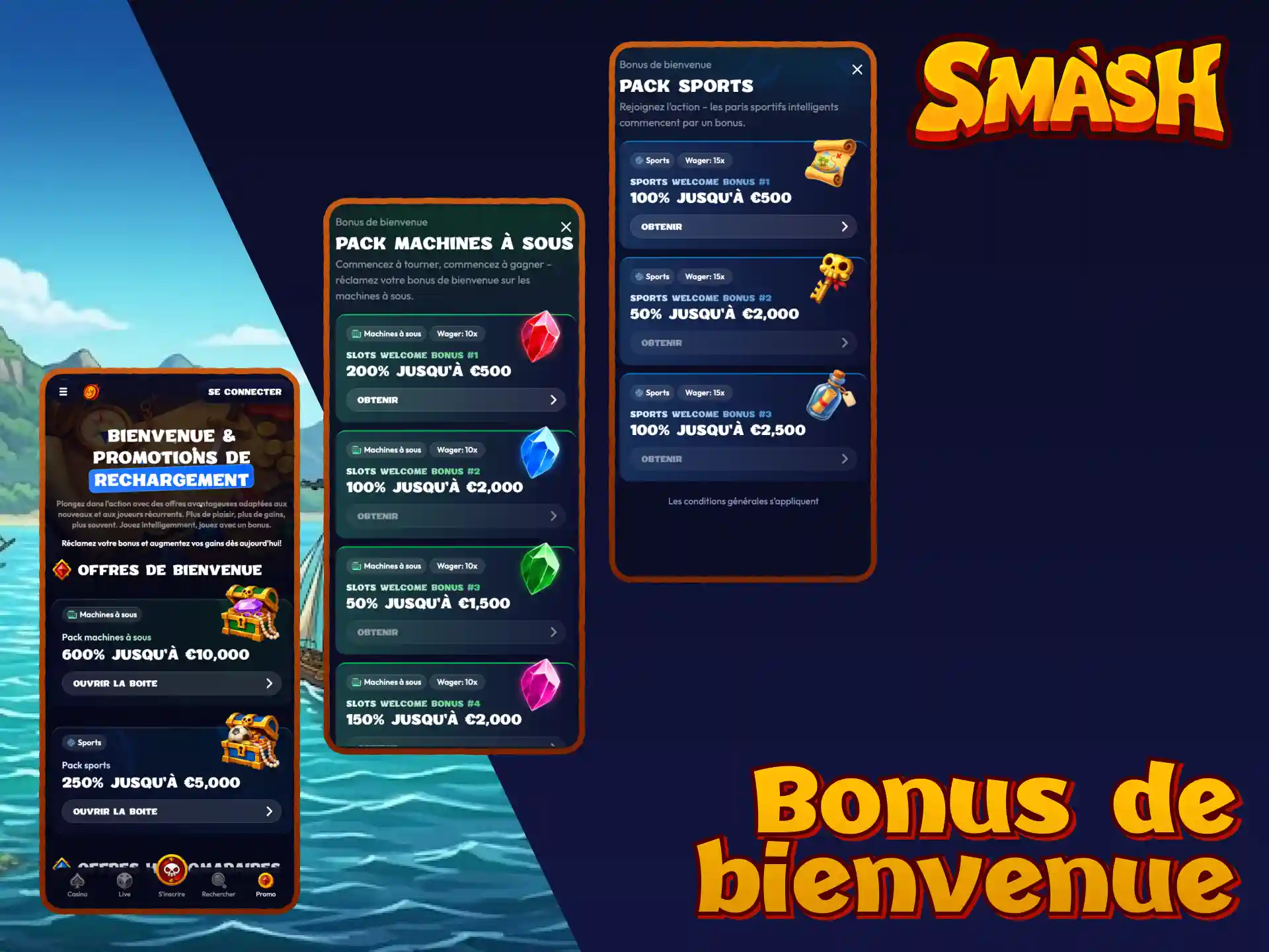Bonus de bienvenue Smash France pour les nouveaux joueurs avec des fonds supplémentaires.