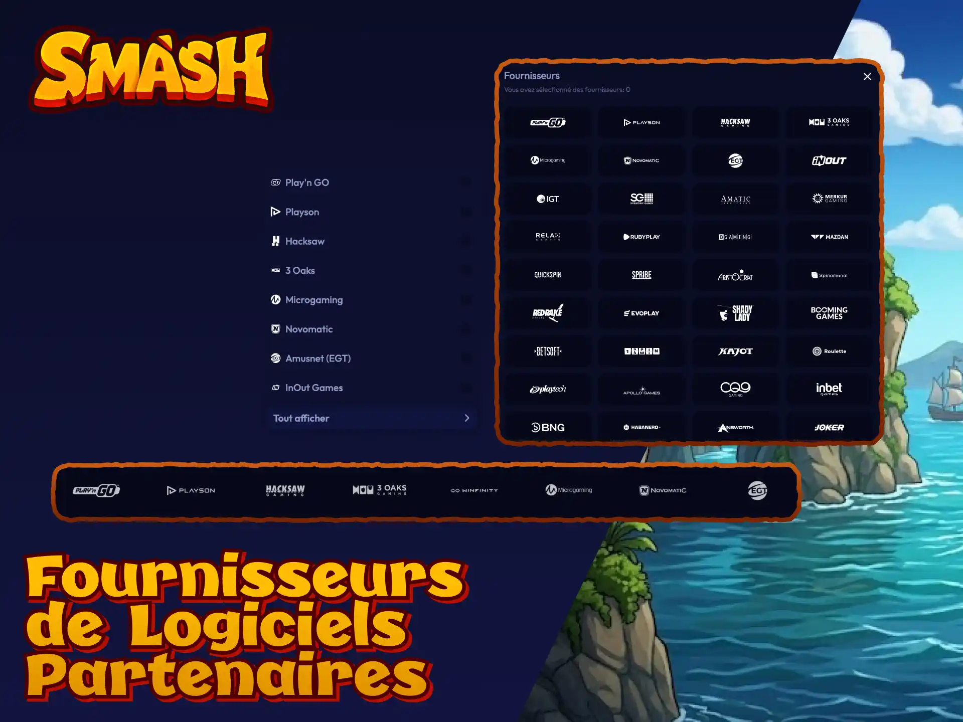 Fournisseurs de logiciels partenaires de Smash France comme Pragmatic Play, Evolution et NetEnt.