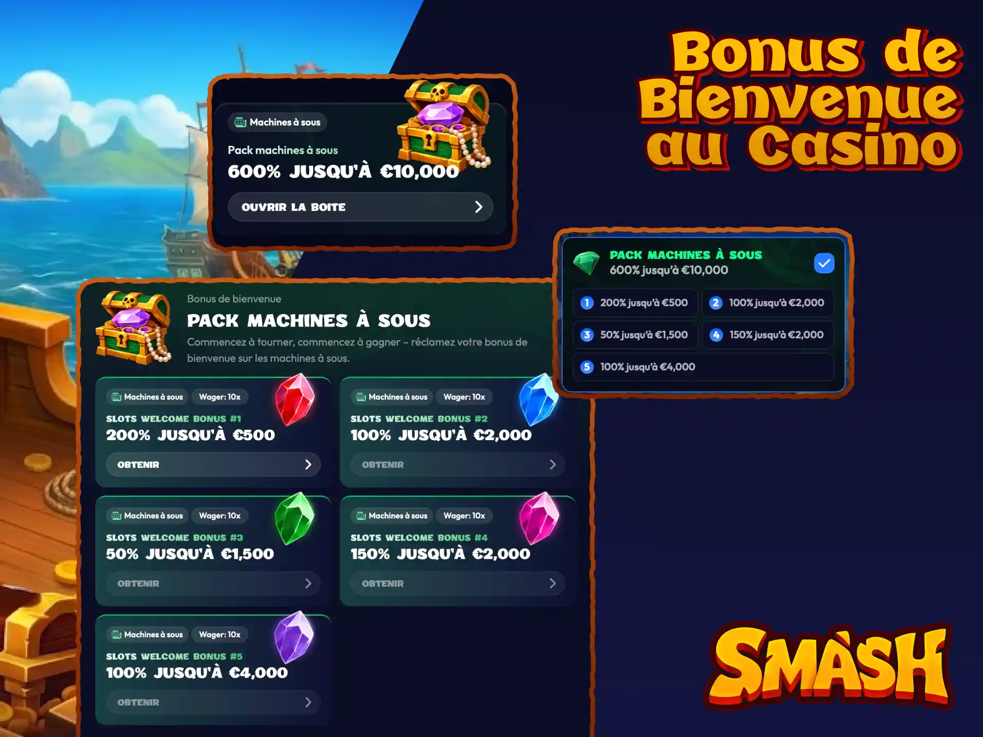 Bonus de bienvenue au casino Smash France avec des fonds supplémentaires pour les nouveaux joueurs.