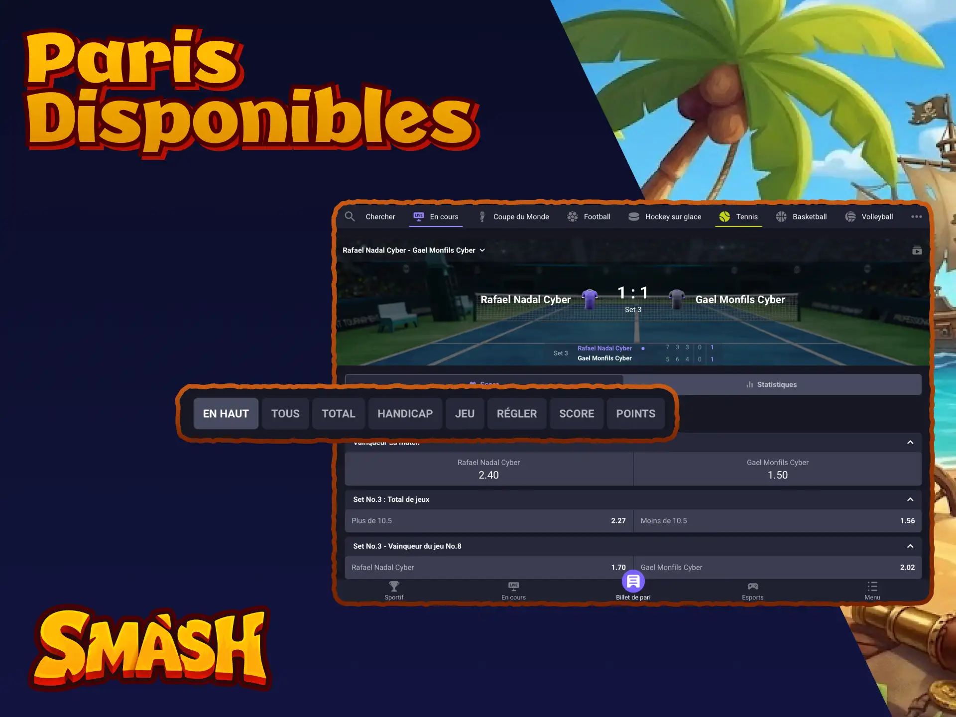 Types de paris disponibles sur Smash incluant simples, combinés et systèmes.