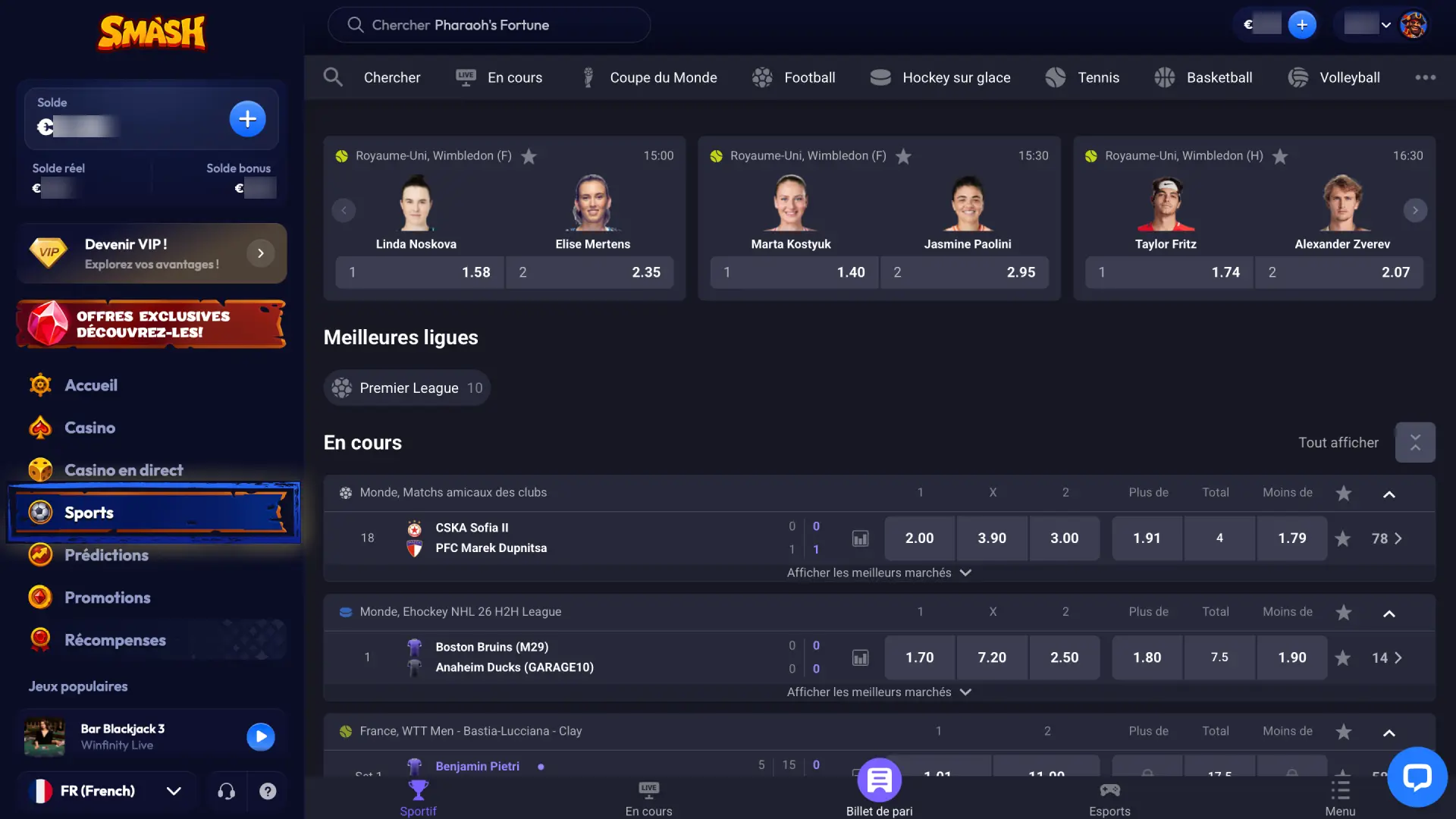Accédez à la section paris sportifs de Smash Bet et choisissez votre sport et compétition.