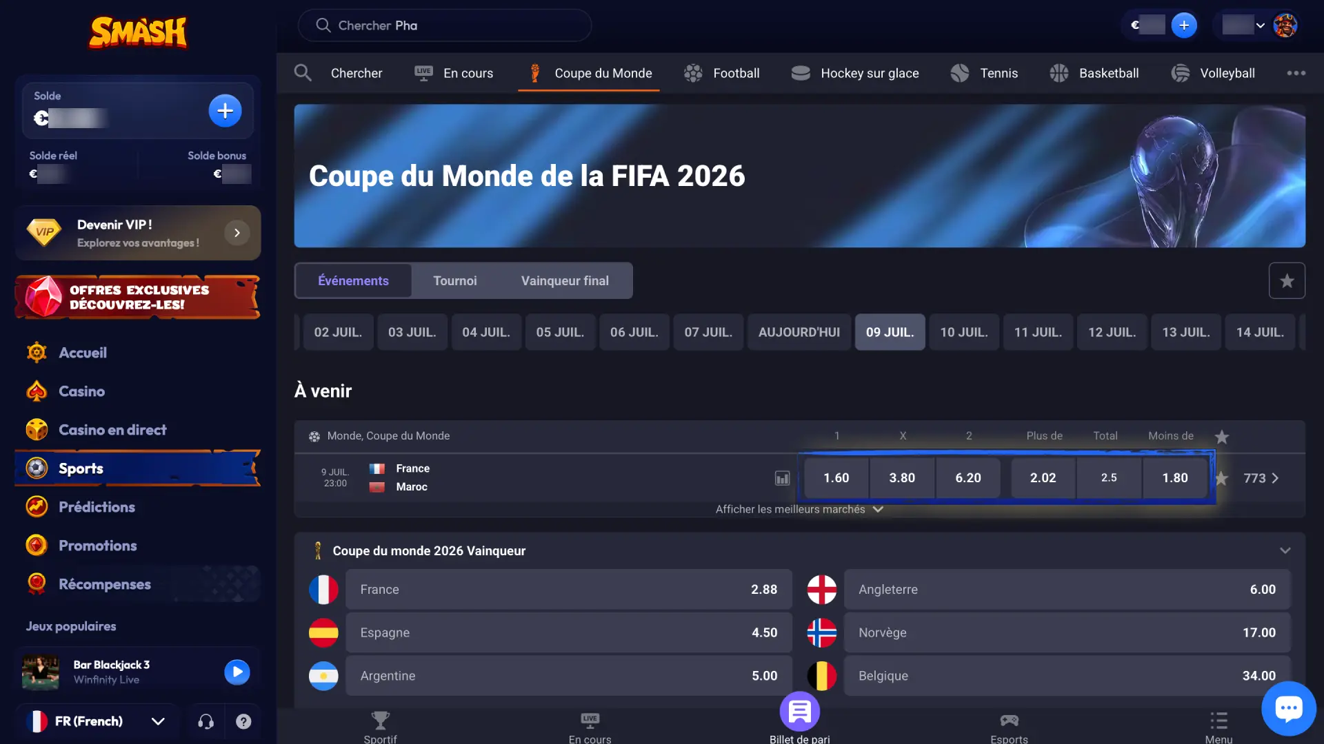 Cliquez sur la cote de votre choix sur Smash Bet pour l'ajouter à votre coupon de paris.