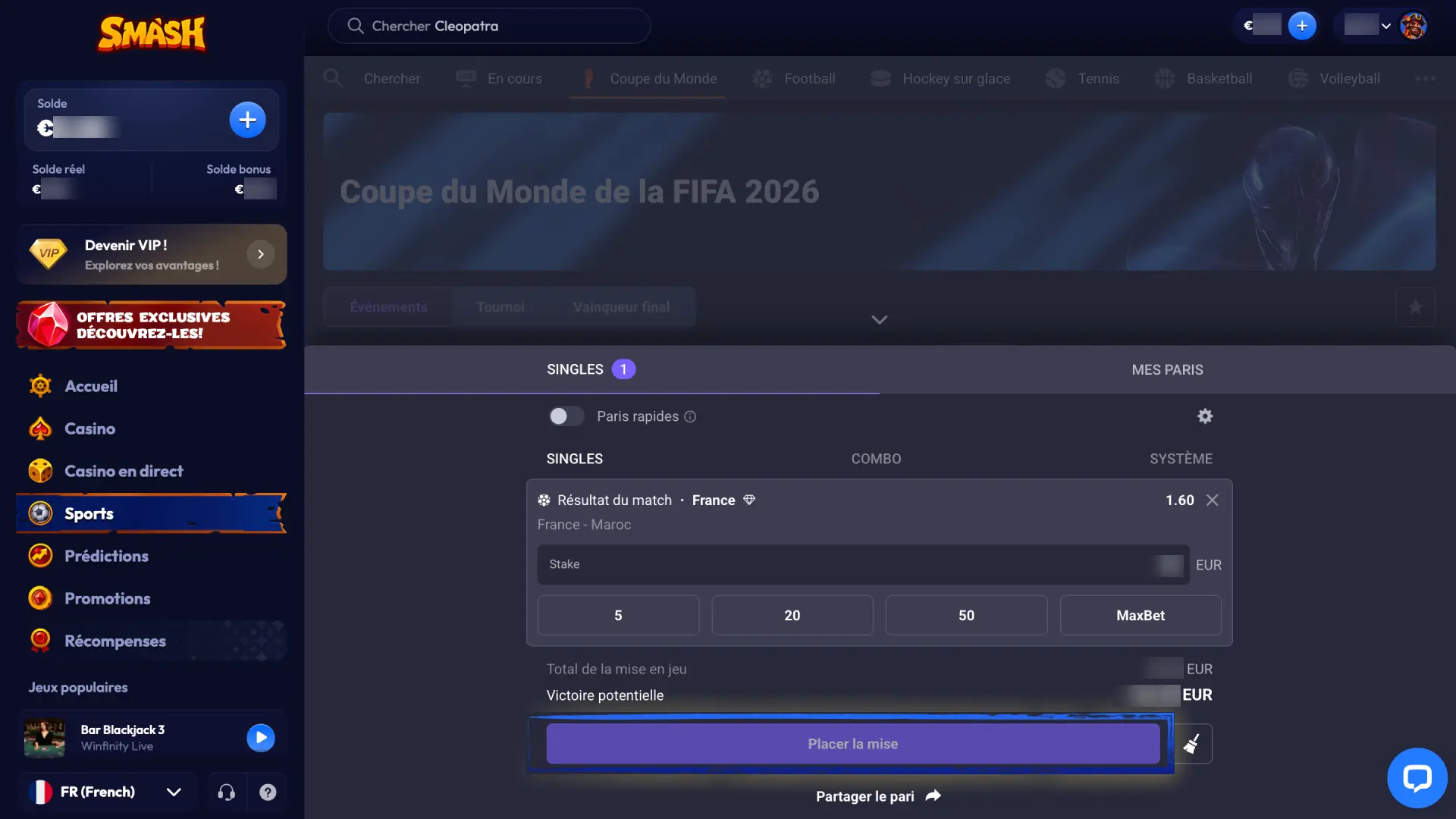 Saisissez le montant de votre mise sur Smash Bet et confirmez votre pari en un clic.