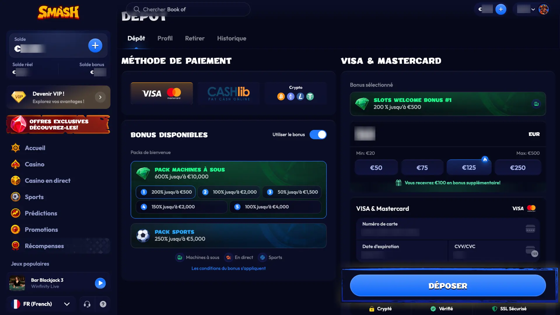 Déposez des fonds sur Smash Bet via Visa, MasterCard ou crypto pour commencer à parier.