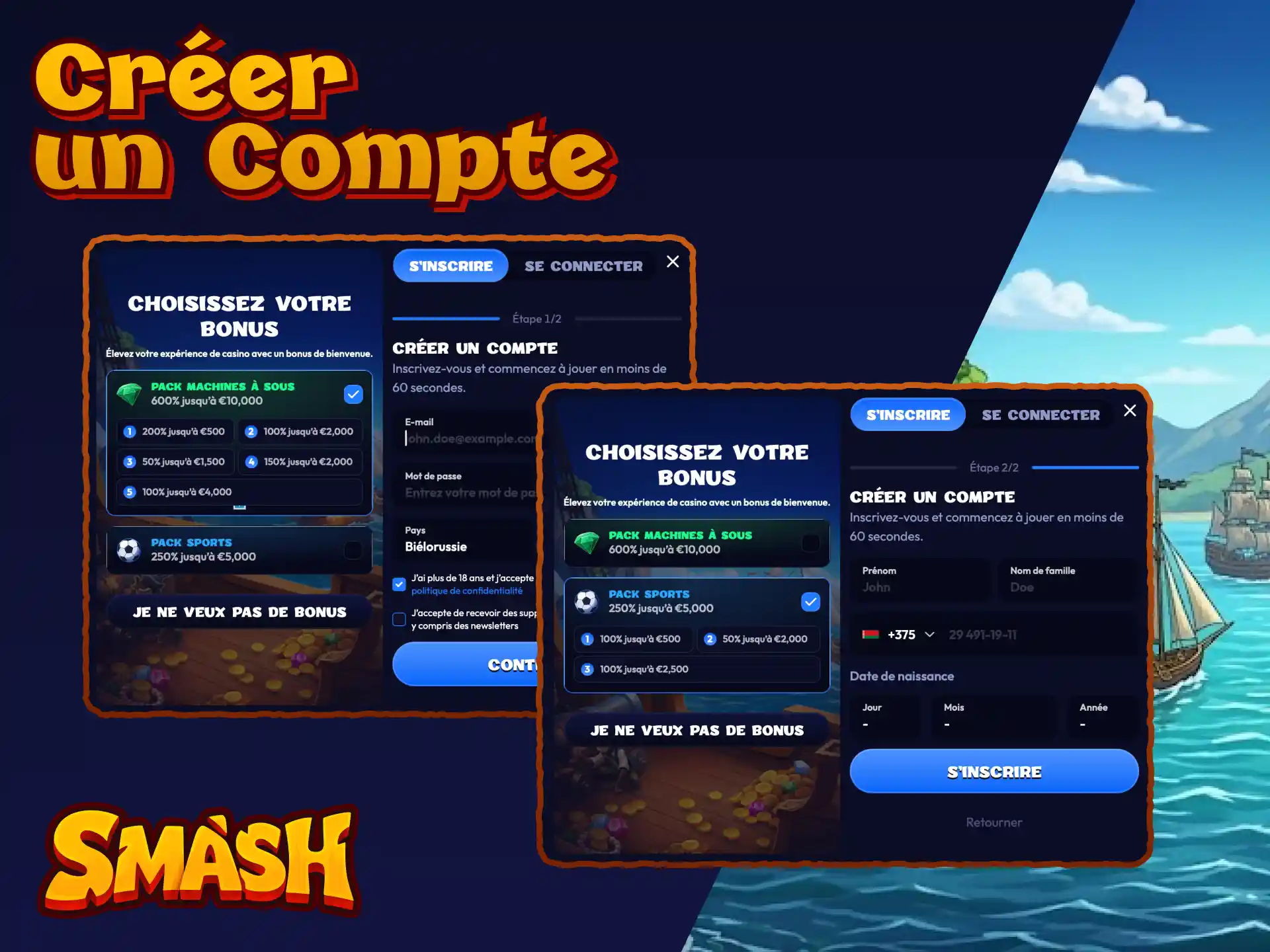 Processus de création de compte sur Smash pour accéder aux paris sportifs et au casino.