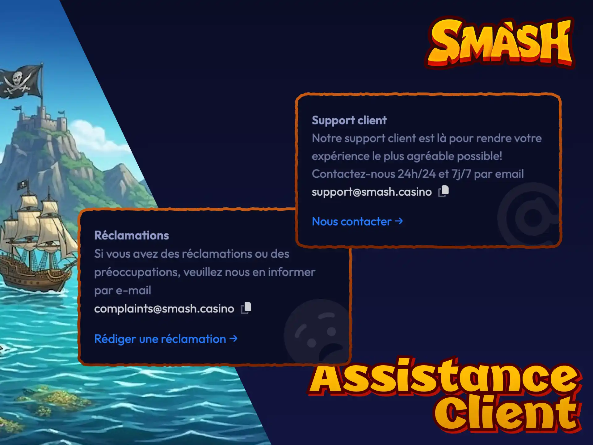 Service client Smash disponible via chat en direct et email pour les joueurs.