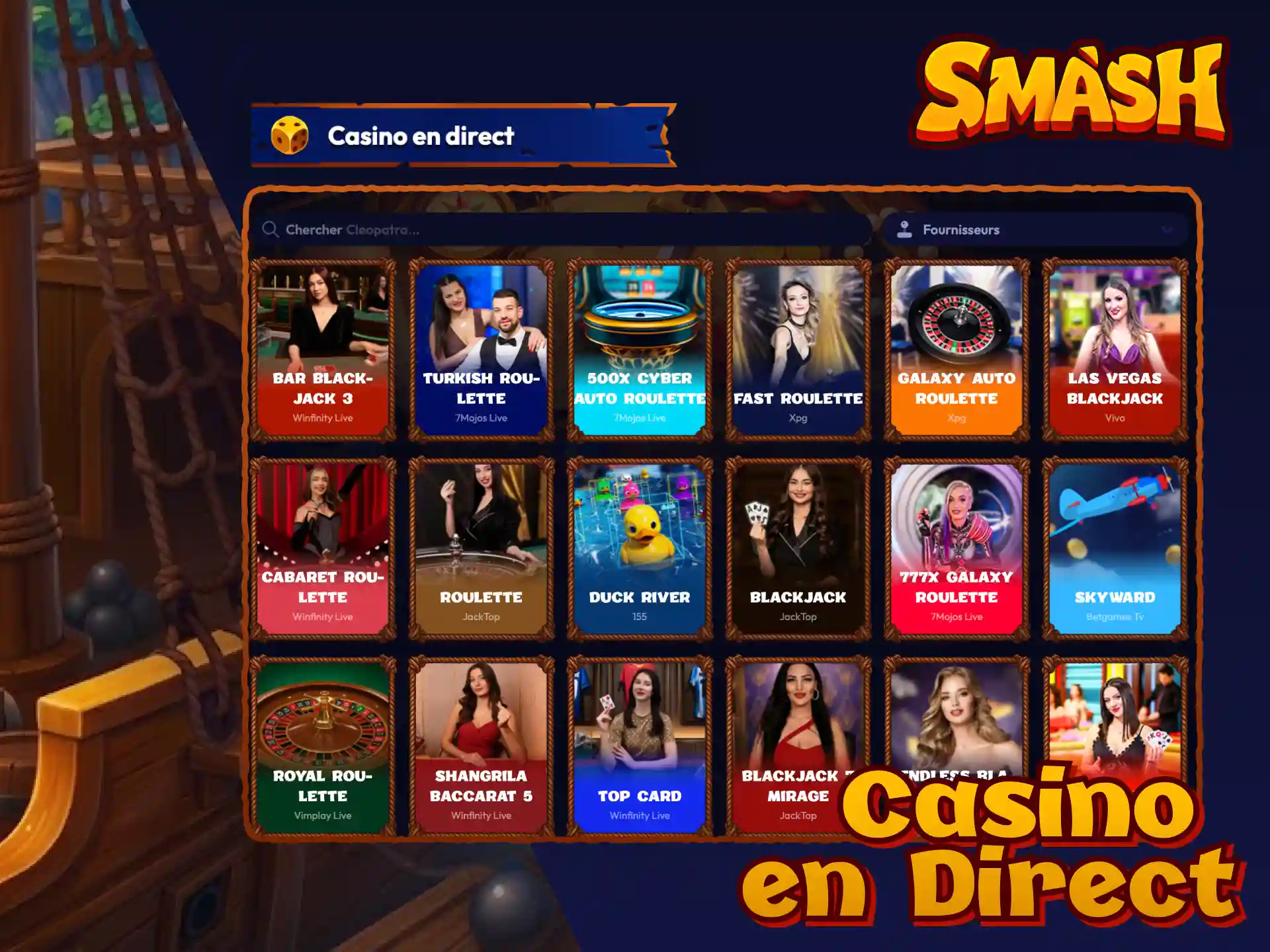 Casino en direct sur Smash avec des croupiers réels pour le blackjack, la roulette et le baccarat.