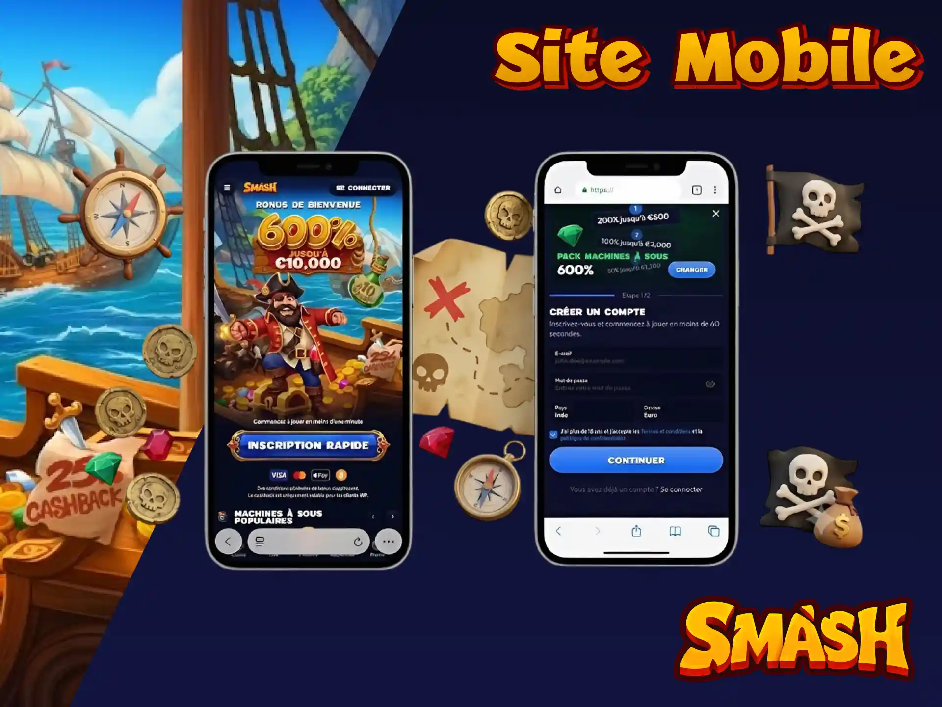 Site mobile Smash pour parier et jouer au casino sans télécharger d'application.