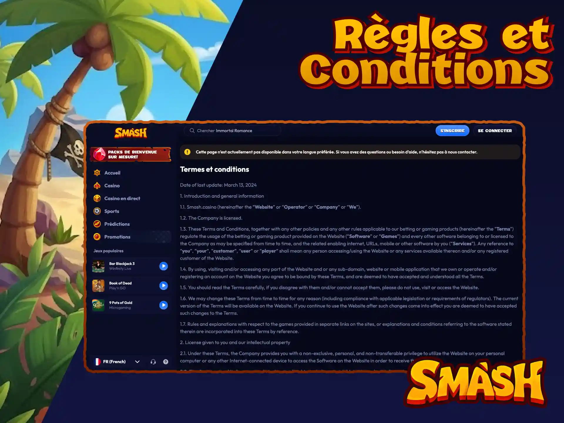 Règles et conditions d'utilisation de Smash pour les paris sportifs et le casino.