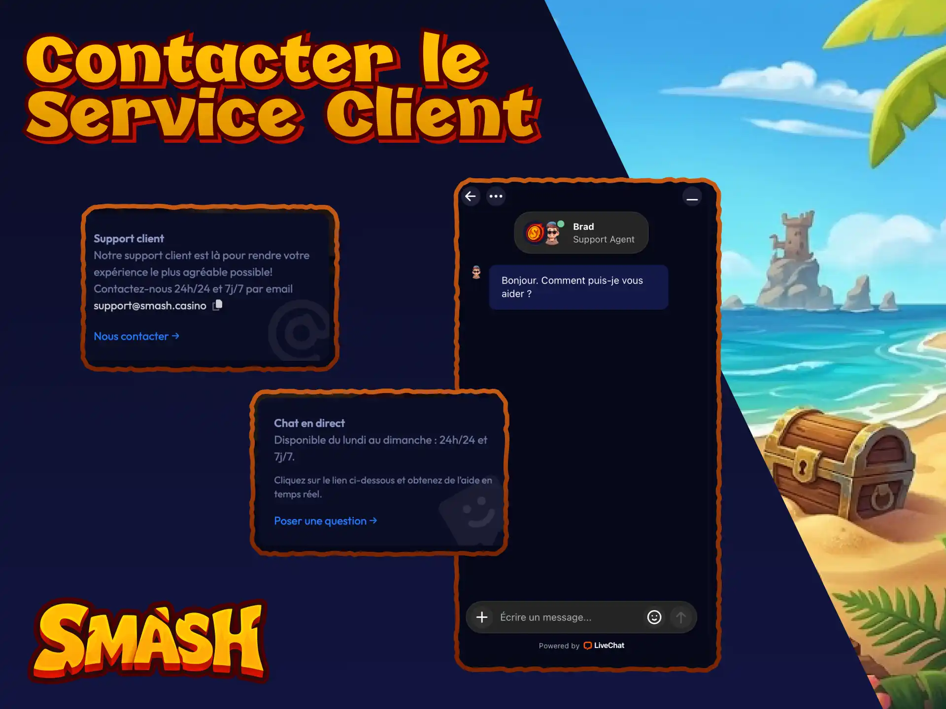 Contactez le service client Smash France par chat ou email pour toute question sur vos paris.
