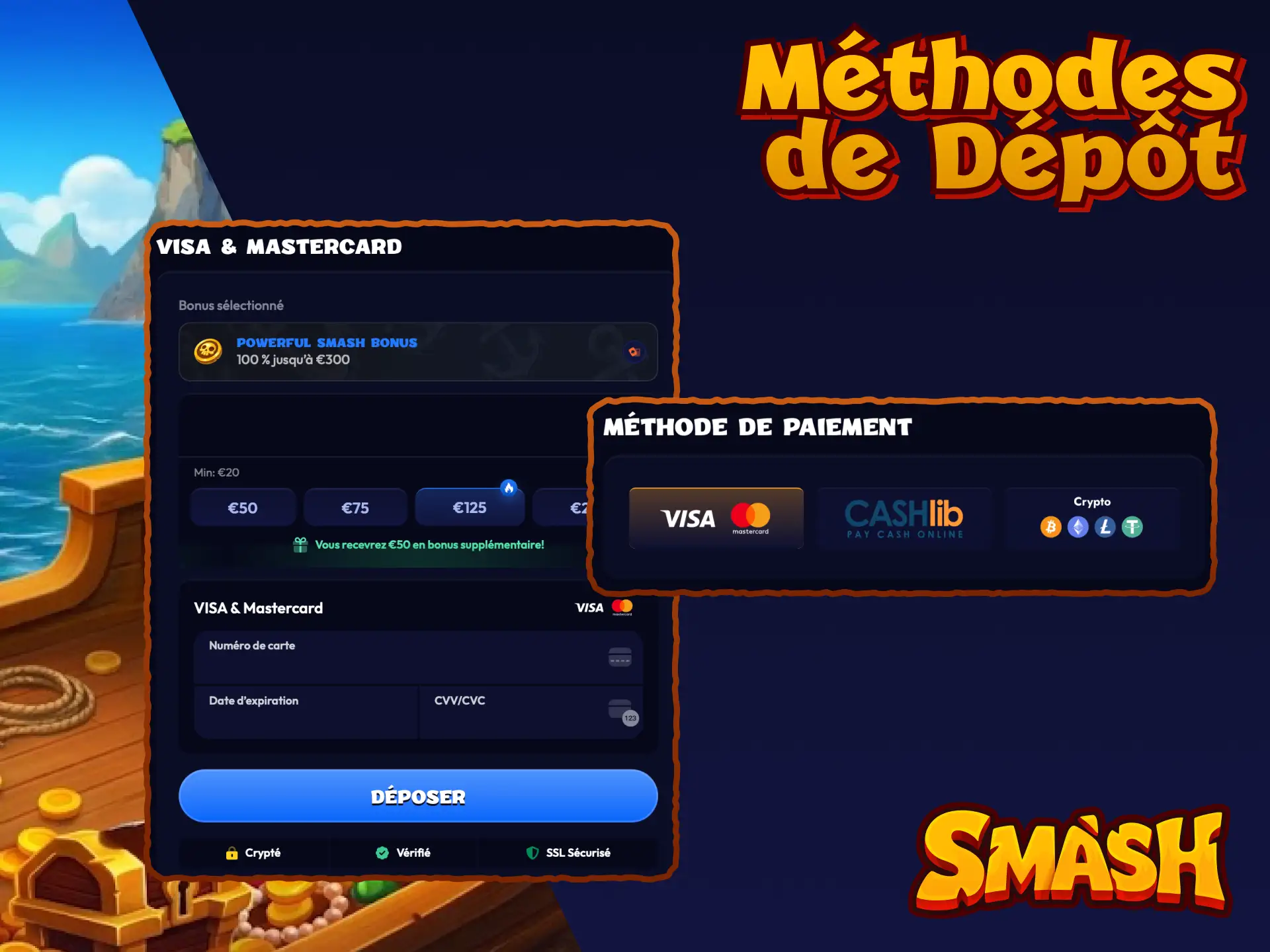 Méthodes de dépôt disponibles sur Smash France pour financer votre compte de paris.