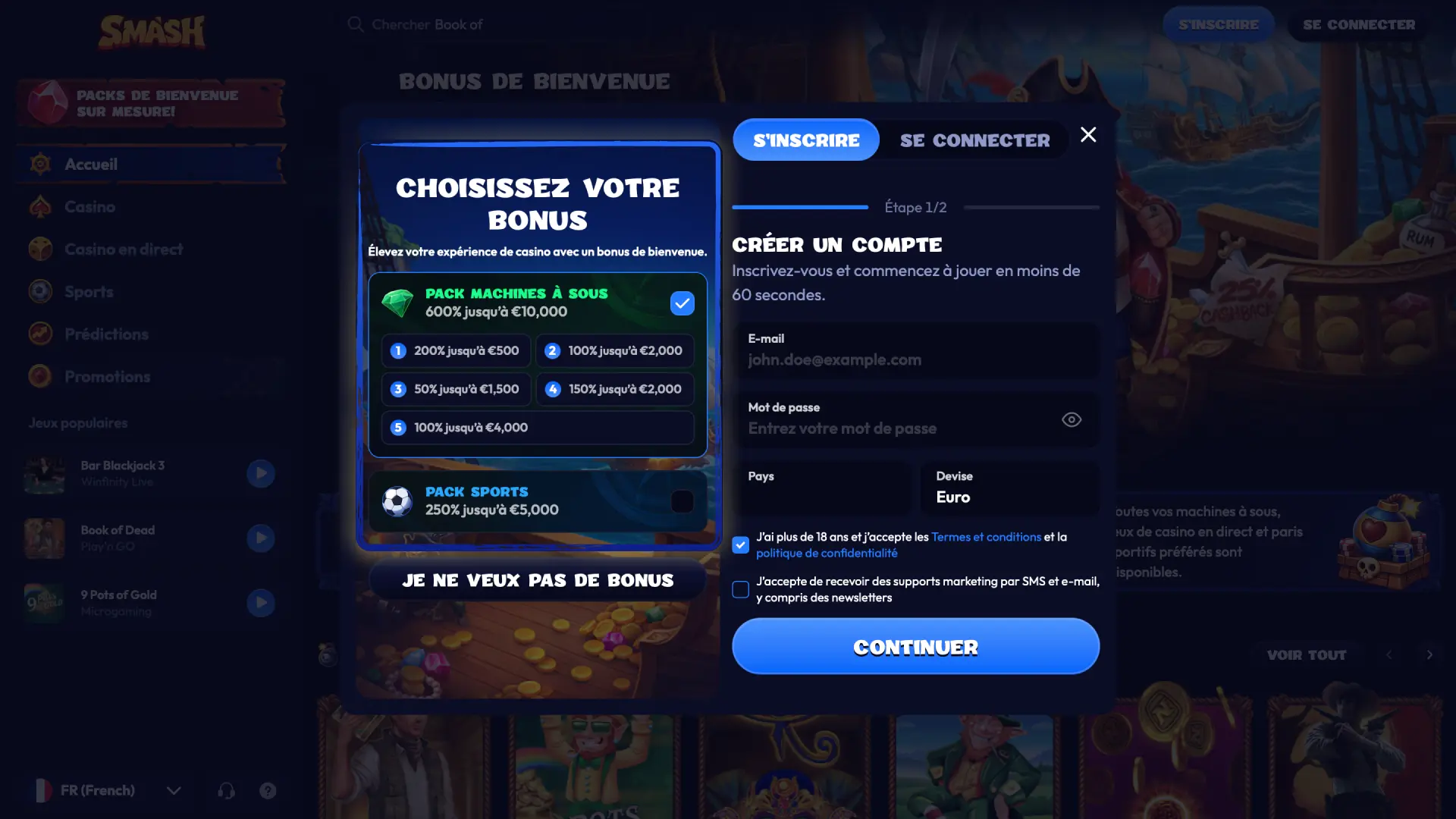 Choisissez le bonus machines à sous 600% jusqu'à 10 000 EUR ou le pack sports 250% sur Smash.