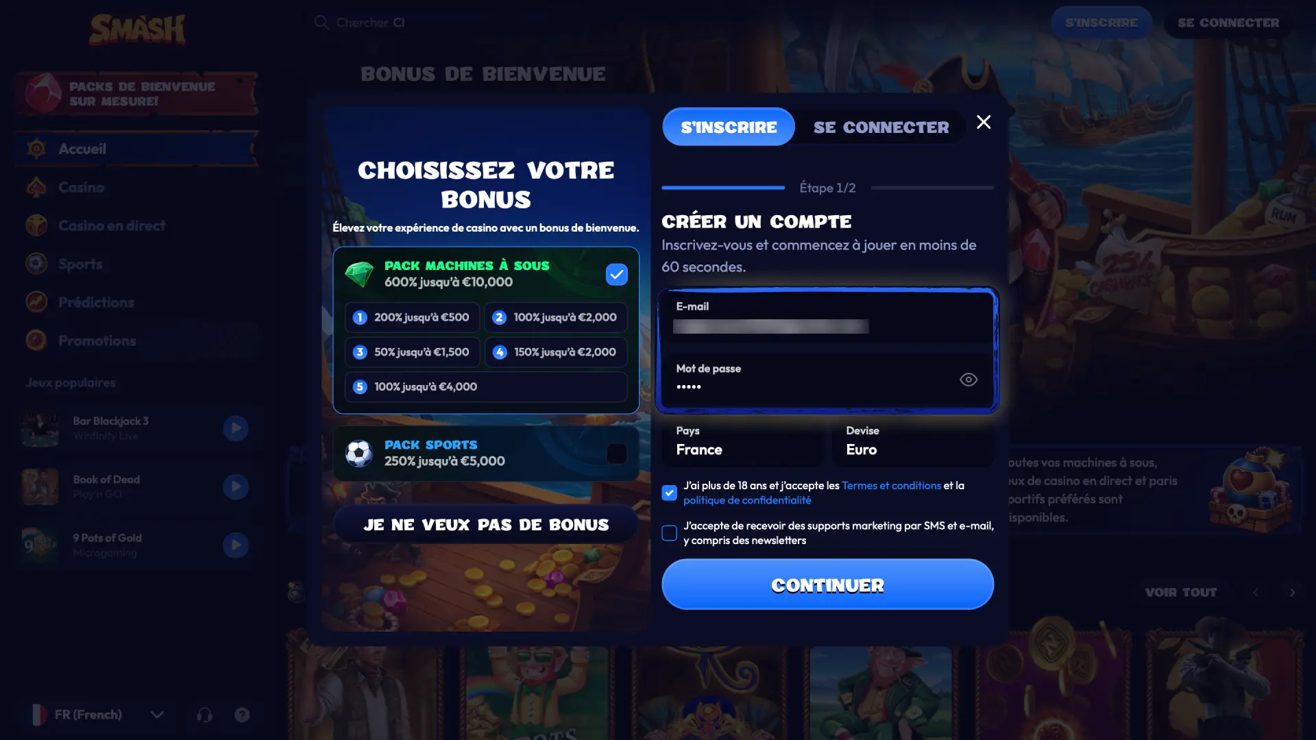Saisissez votre adresse e-mail et créez un mot de passe sécurisé pour votre compte Smash.