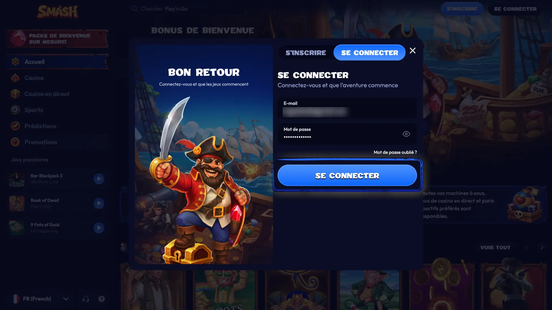 Votre tableau de bord Smash affiche votre solde en EUR, promotions et sections de jeu.