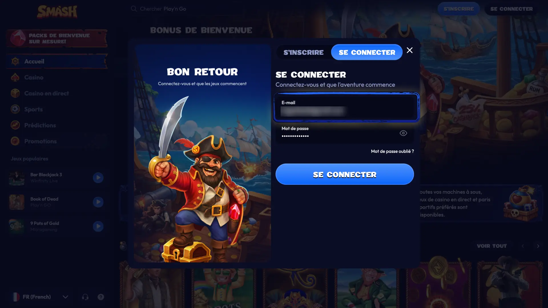 Entrez votre e-mail et mot de passe Smash avec l'option Se souvenir de moi.
