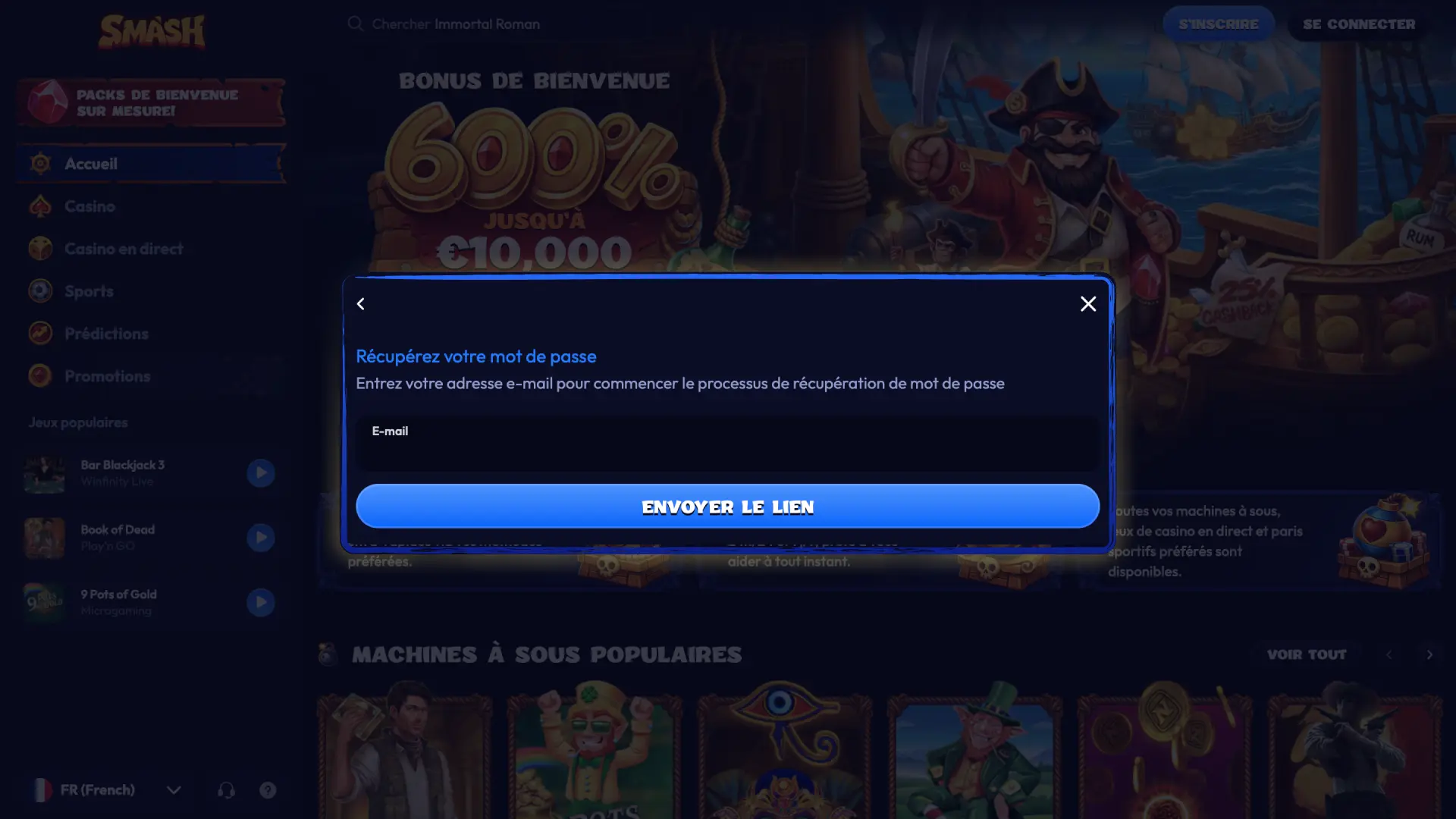 Indiquez l'adresse e-mail associée à votre compte Smash et envoyez le lien.