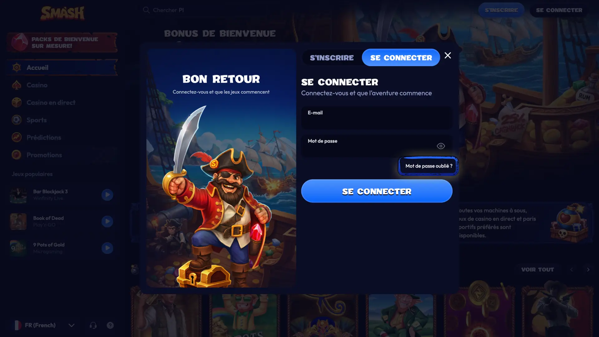 Cliquez sur Connexion puis sur Mot de passe oublié sur la page Smash.