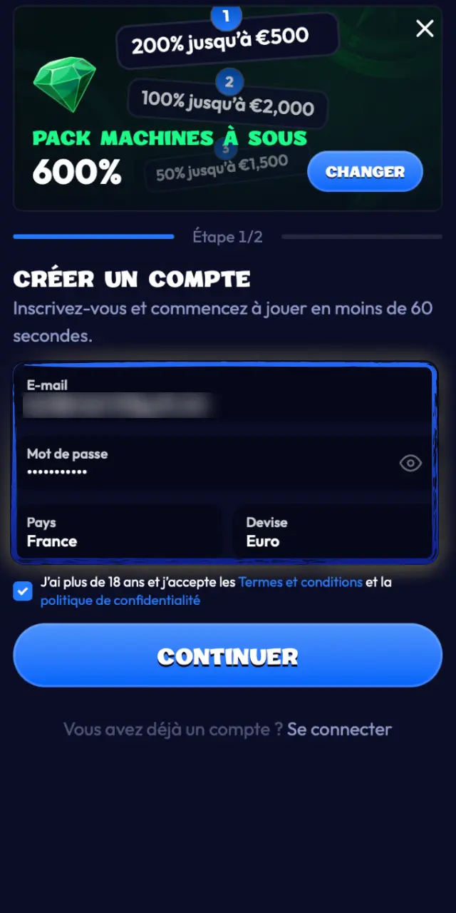 Choisissez votre bonus Smash, saisissez email, mot de passe et devise EUR sur mobile.