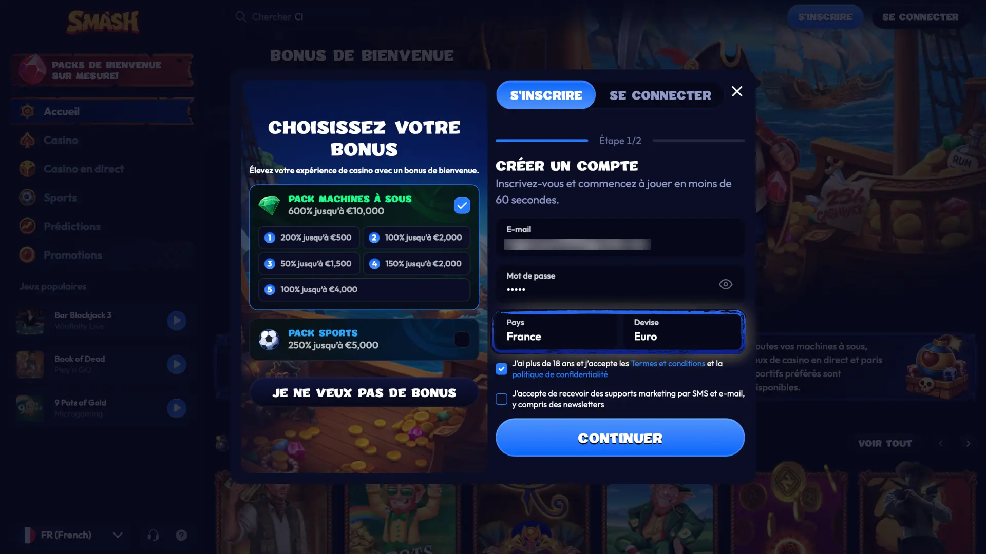 Choisissez votre pays et définissez l'EUR comme devise de compte sur Smash France.
