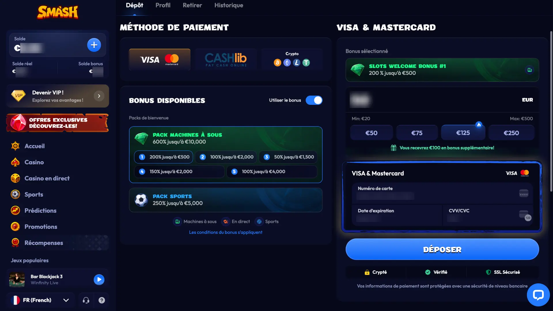 Vérifiez votre carte bancaire ou portefeuille électronique sur Smash France pour les retraits.