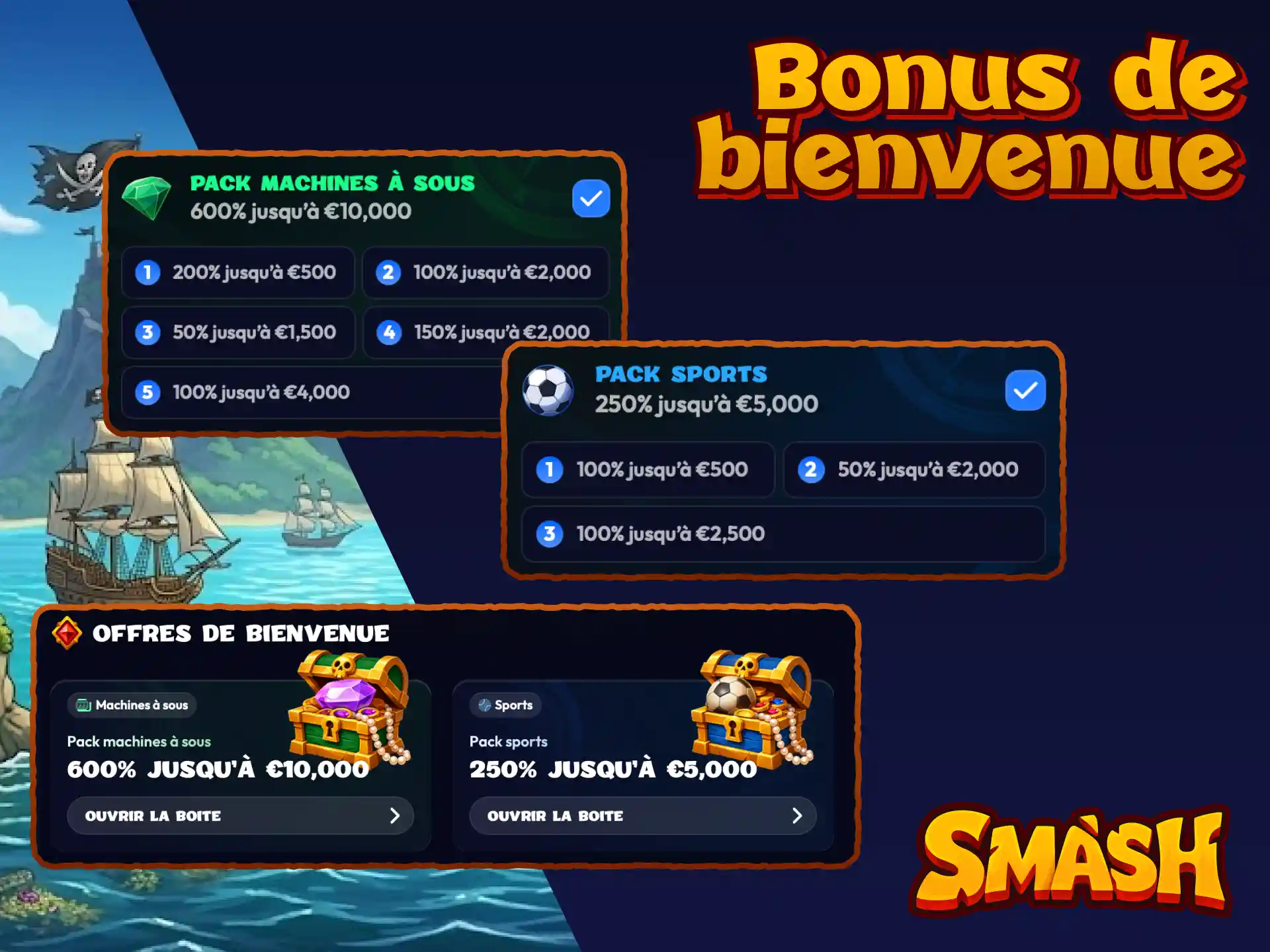 Bonus de bienvenue Smash France avec des fonds supplémentaires pour les nouveaux joueurs.